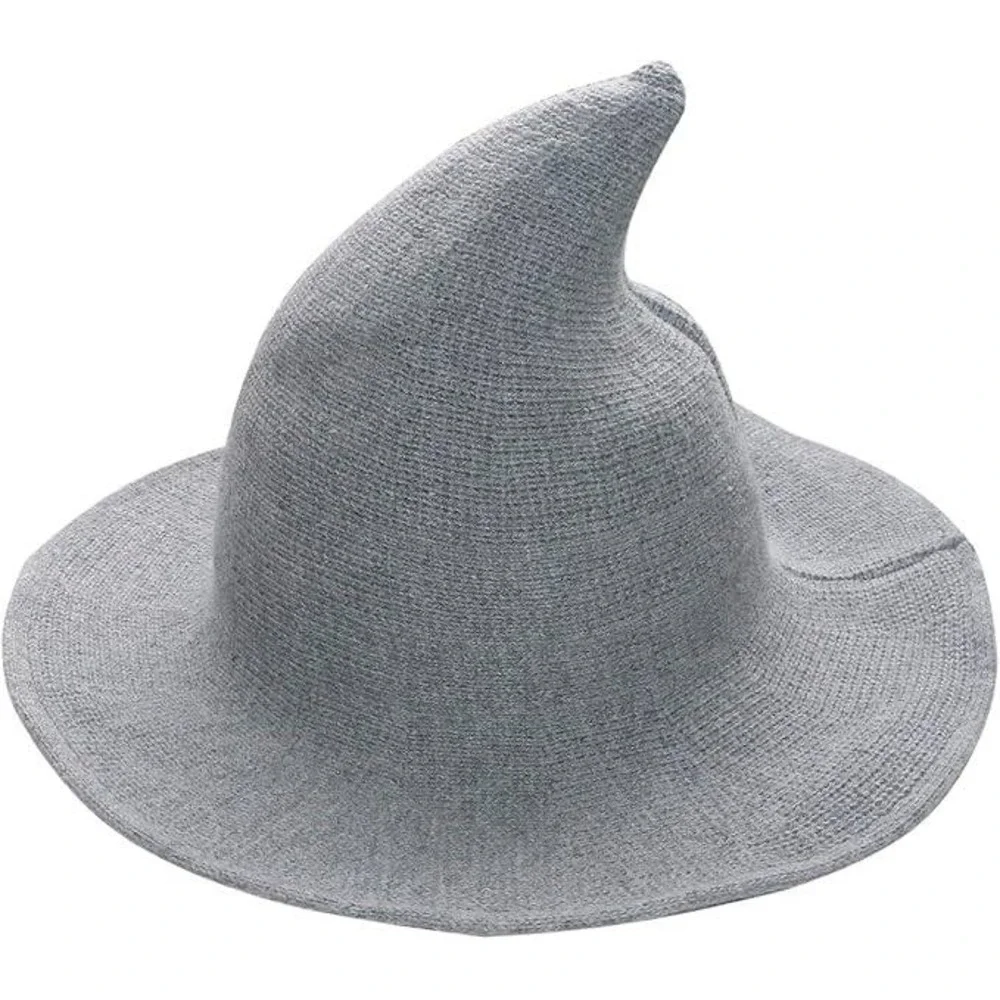 Knit Witch Wizard Hat Wired Brim Foldable‎ Grey Costume Halloween Cosplay